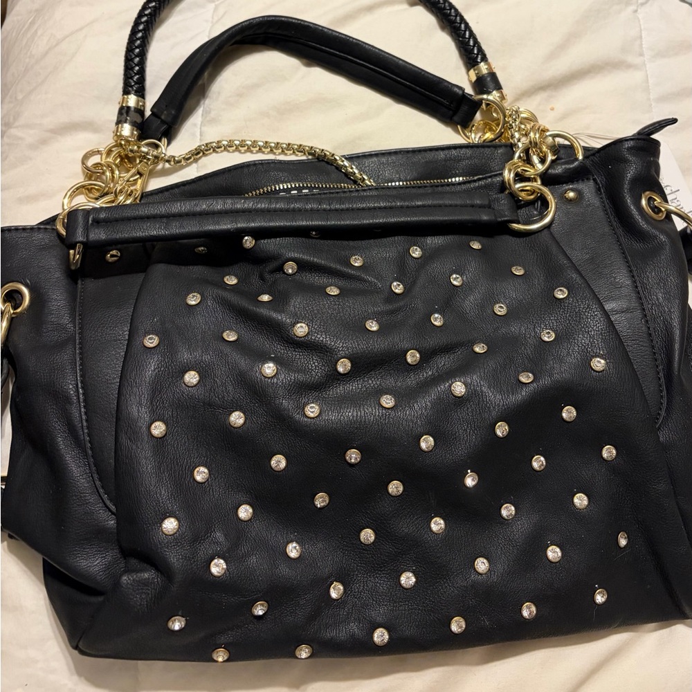 Charming Charlie Black Studded Shoulder Bag with Gold Accents